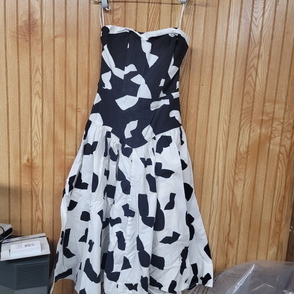 Vintage 80s 90s Strapless Abstract Geometric Print Midi Dress Retro Pop Art Mod